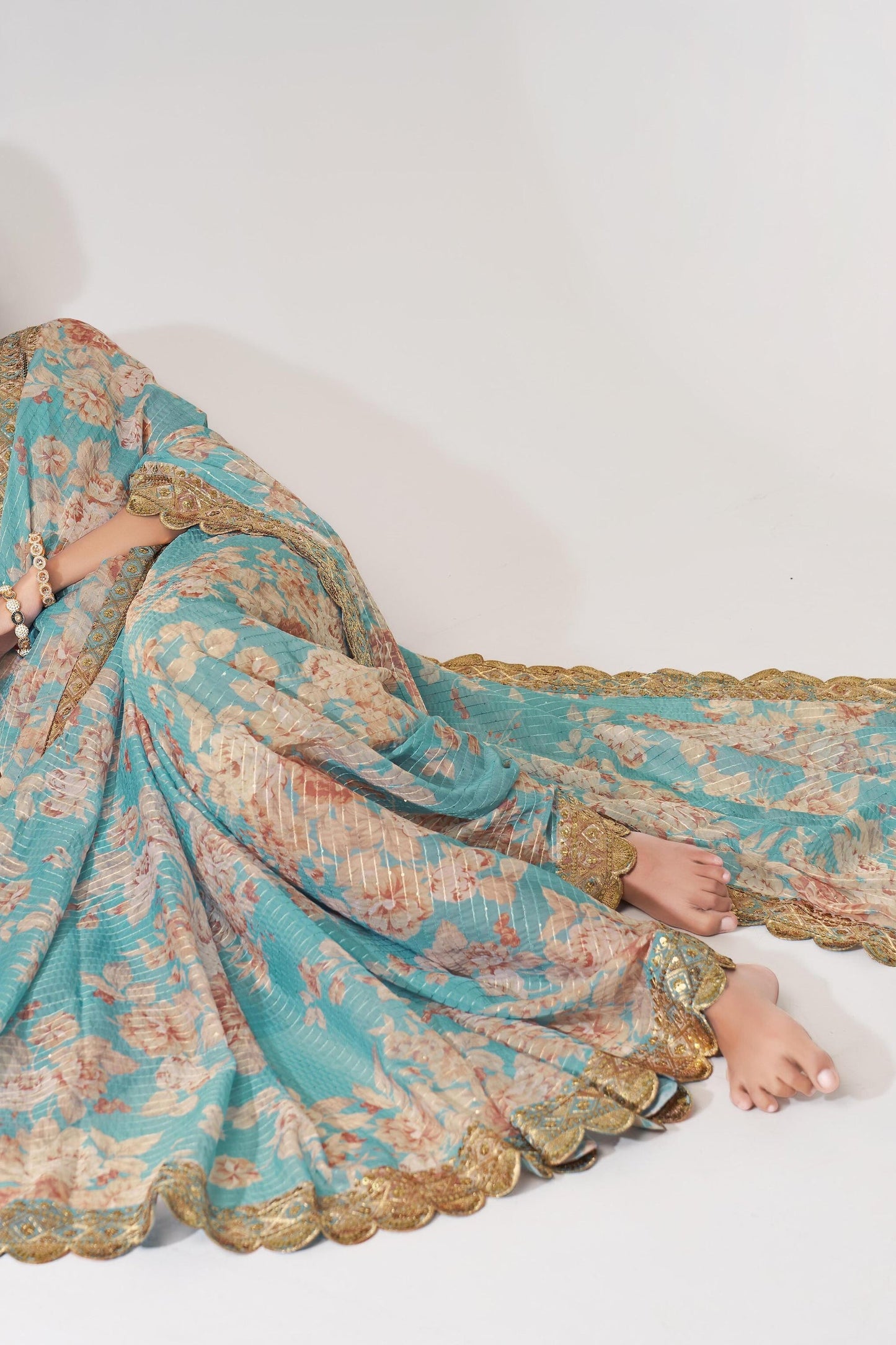 Sky Blue Floral Printed Organza Saree With Blouse | 100% Original Saree