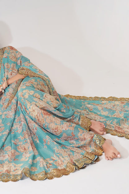 Sky Blue Floral Printed Organza Saree With Blouse | 100% Original Saree