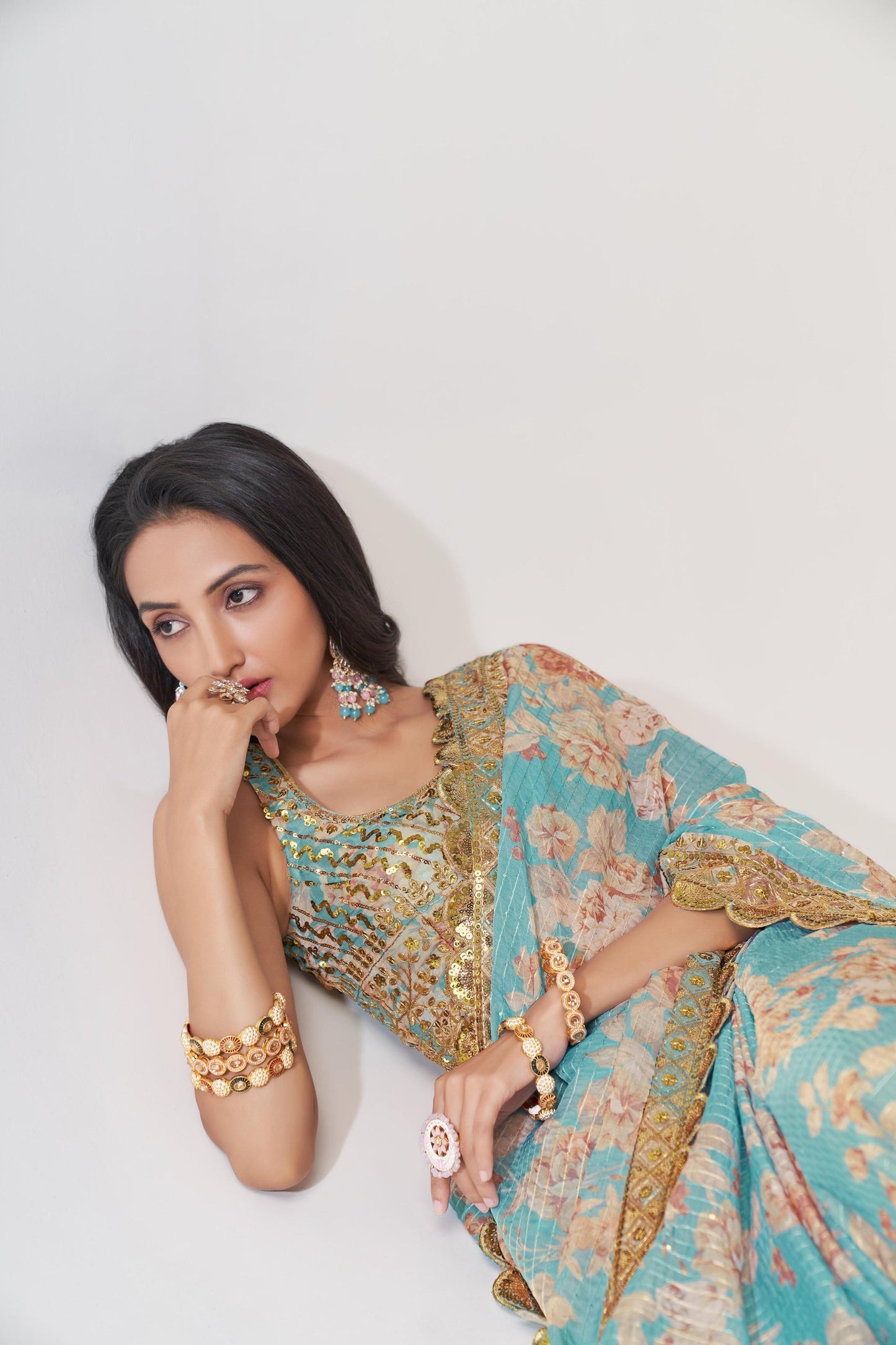 Sky Blue Floral Printed Organza Saree With Blouse | 100% Original Saree