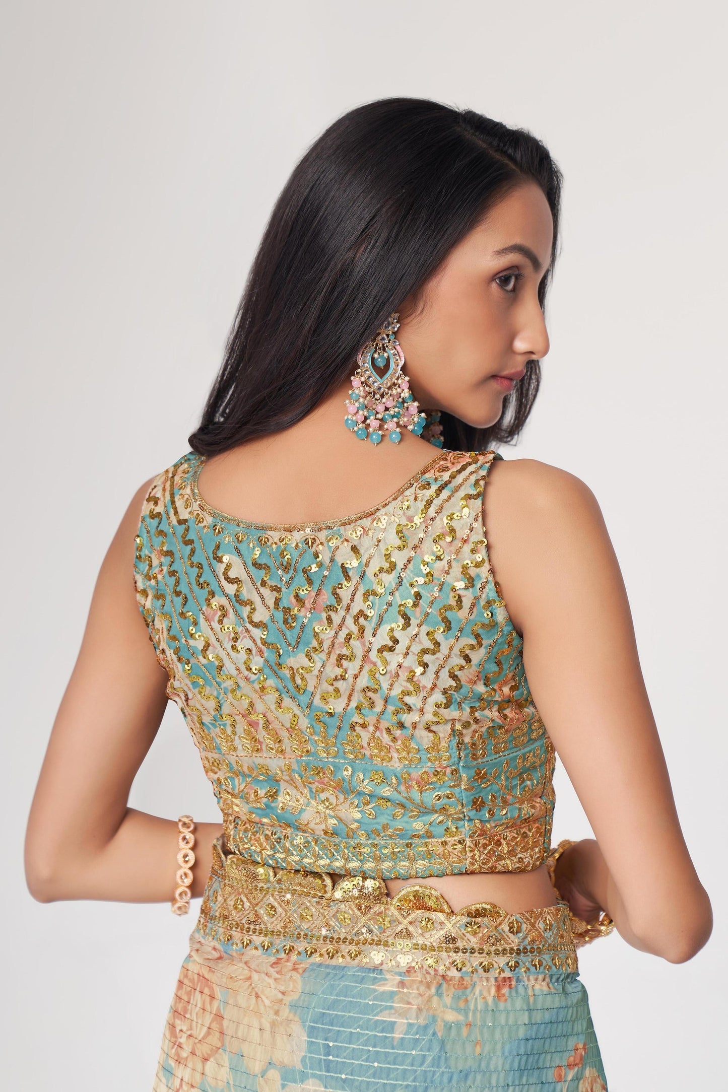 Sky Blue Floral Printed Organza Saree With Blouse | 100% Original Saree