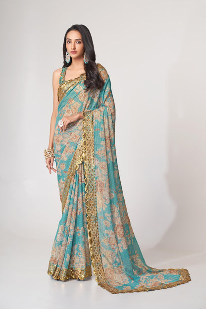 Sky Blue Floral Printed Organza Saree With Blouse | 100% Original Saree