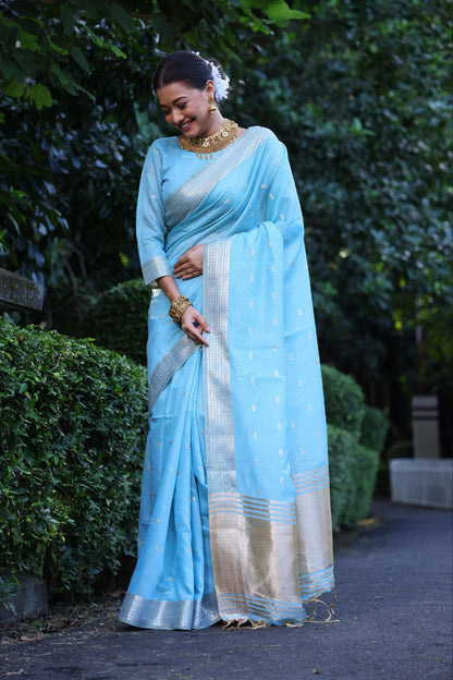 Sky Blue Maheshwari Tissue Silk Weaving Saree