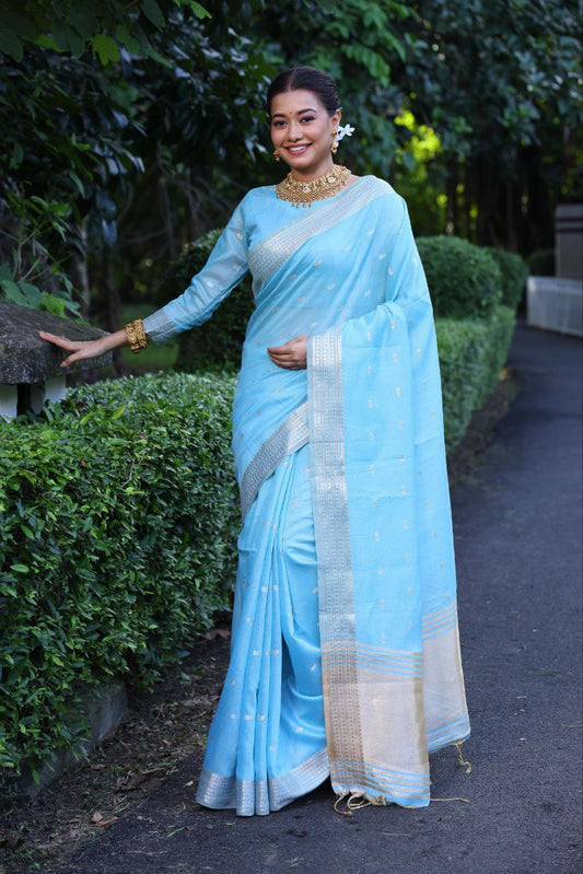 Sky Blue Maheshwari Tissue Silk Weaving Saree