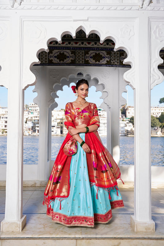 Sky Blue Traditional Jacquard Silk Lehenga Choli With Batwa
