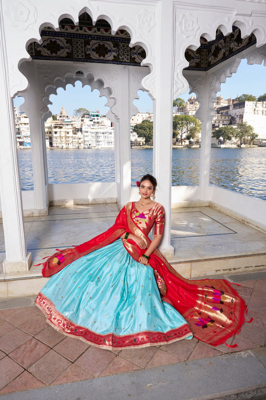 Sky Blue Traditional Jacquard Silk Lehenga Choli With Batwa