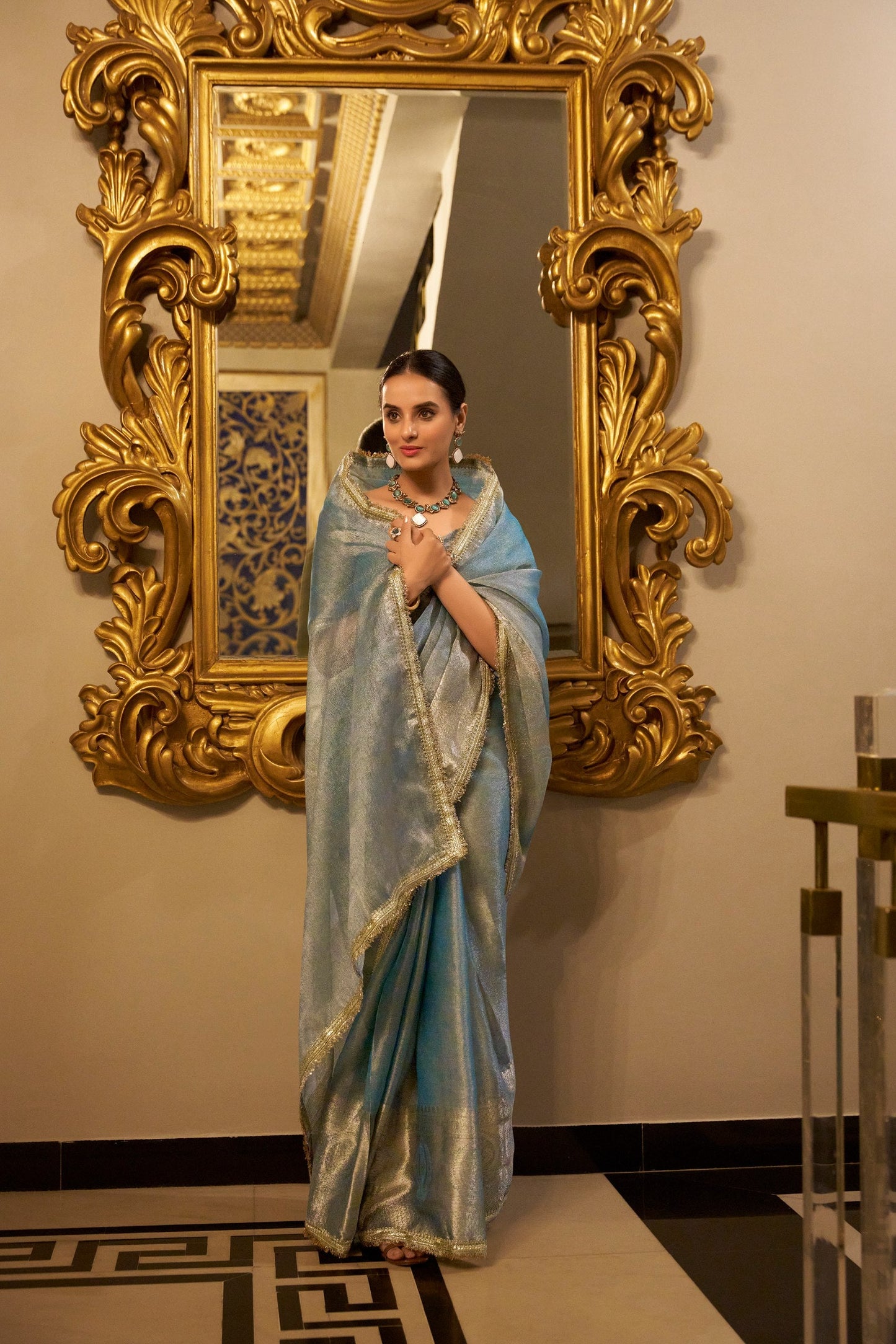 Sky Blue Wedding Wear Tissue Shimmer Saree