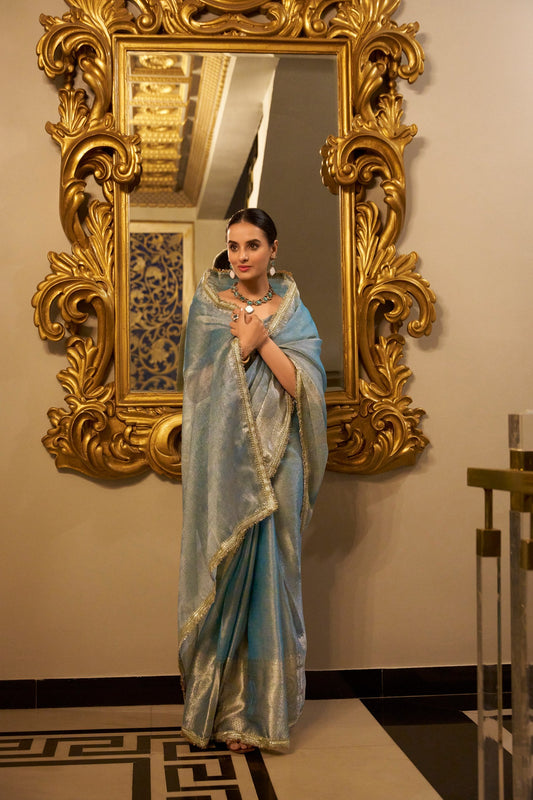 Sky Blue Wedding Wear Tissue Shimmer Saree