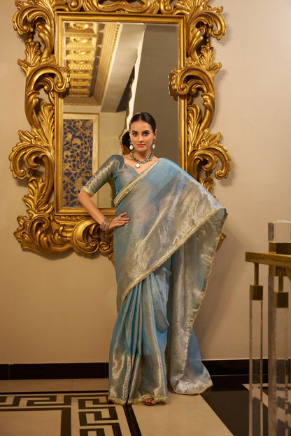 Sky Blue Wedding Wear Tissue Shimmer Saree