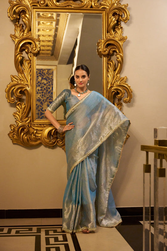 Sky Blue Wedding Wear Tissue Shimmer Saree