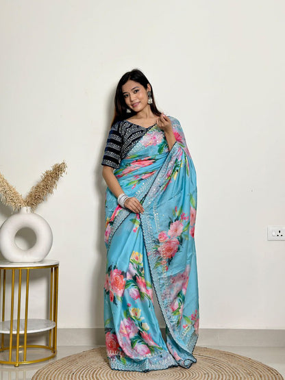 Sky Floral Georgette Satin Saree