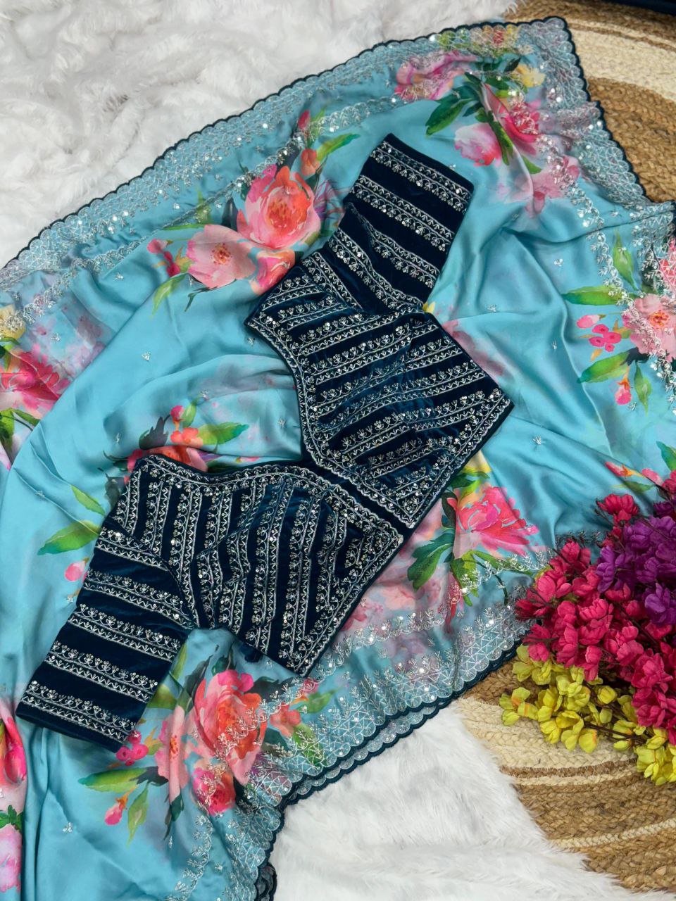 Sky Floral Georgette Satin Saree