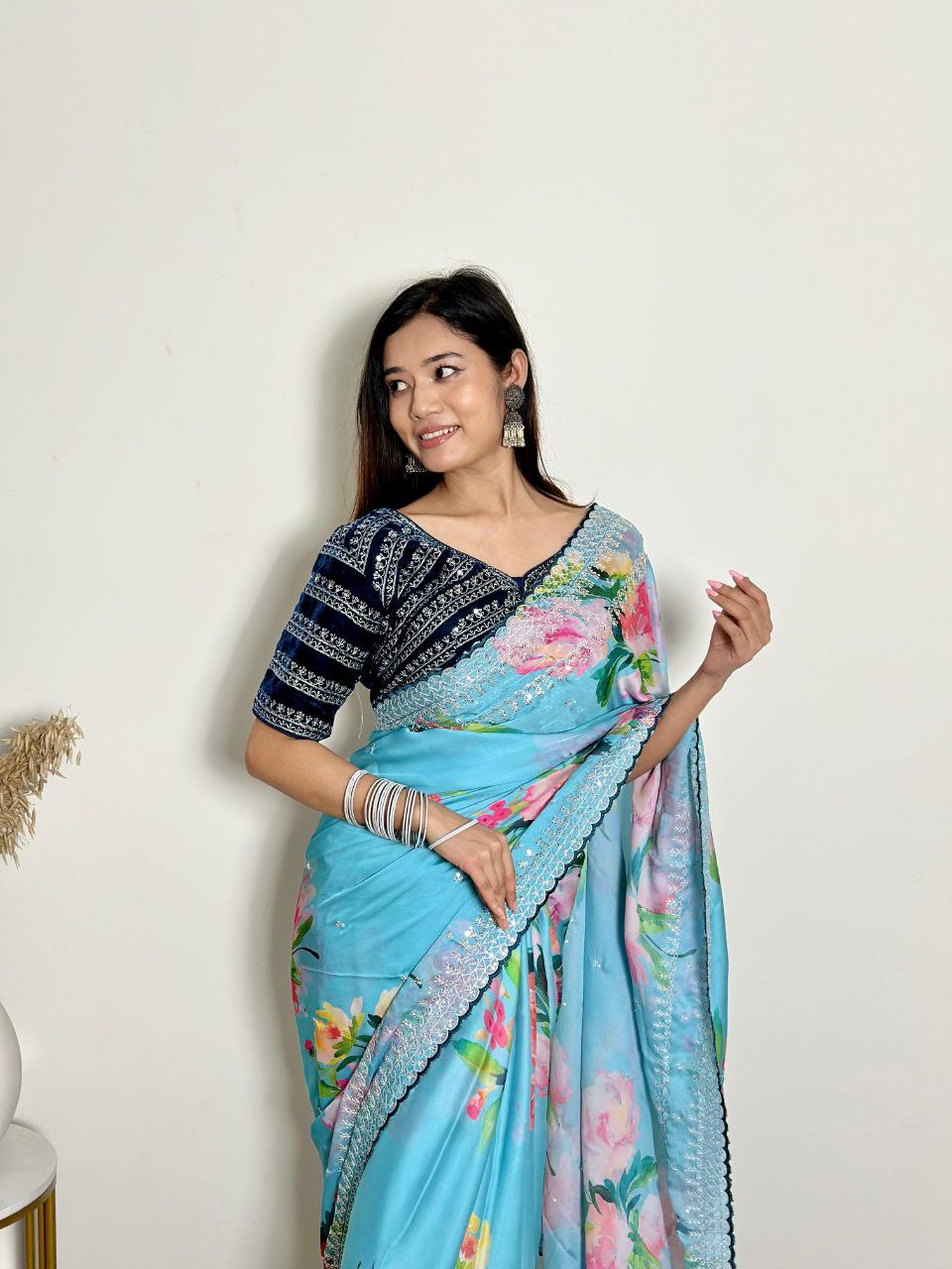 Sky Floral Georgette Satin Saree