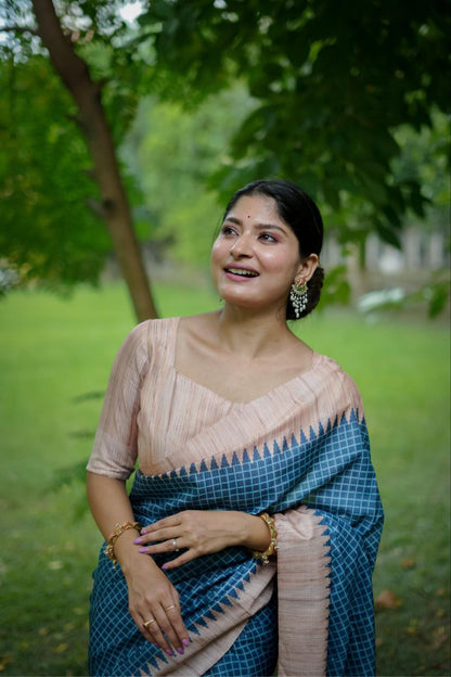 Teal Traditional Tussar Silk Saree