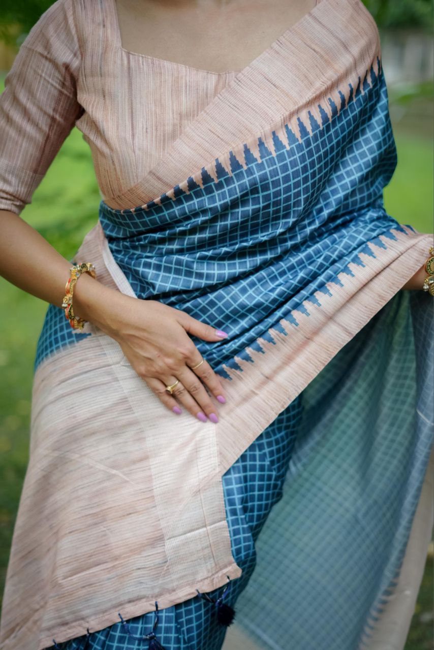 Teal Traditional Tussar Silk Saree