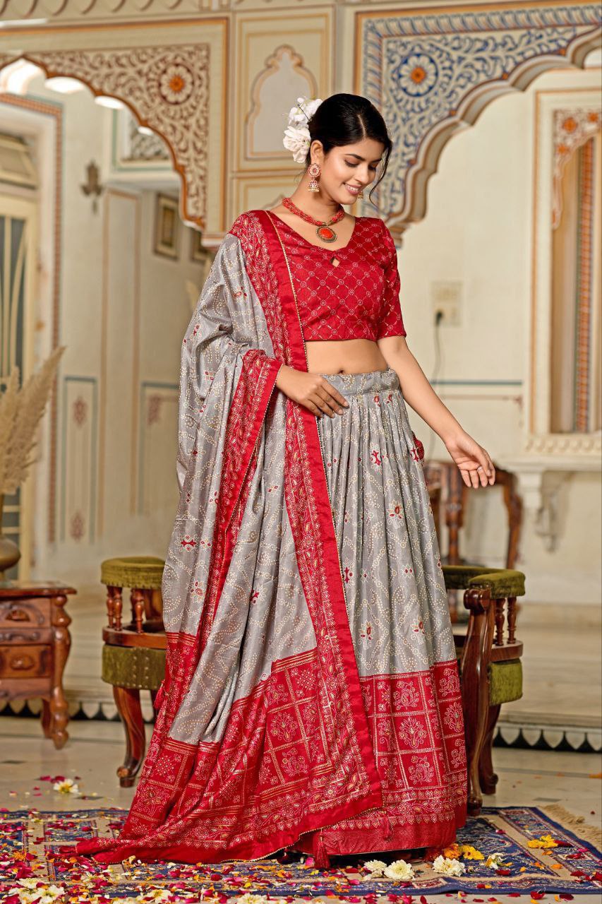 Gray Traditional Wedding Wear Silk Lehenga