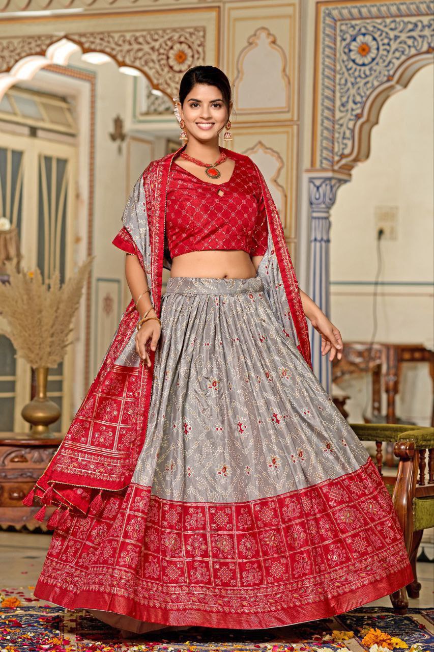 Gray Traditional Wedding Wear Silk Lehenga