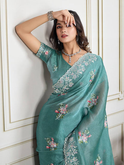 Slate Blue Designer Crunchy Silk Saree