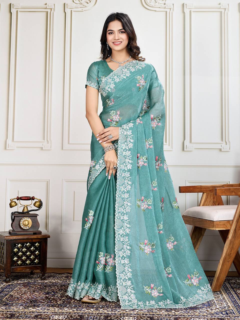 Slate Blue Designer Crunchy Silk Saree