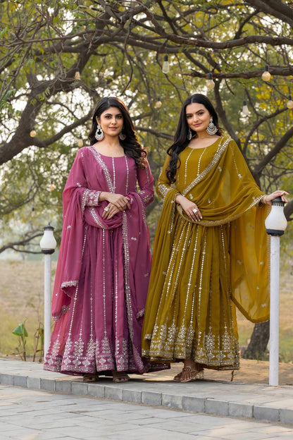Solid Pink Designer Georgette Gown With Dupatta