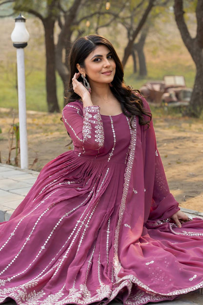 Solid Pink Designer Georgette Gown With Dupatta