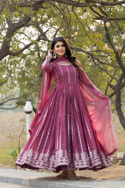 Solid Pink Designer Georgette Gown With Dupatta