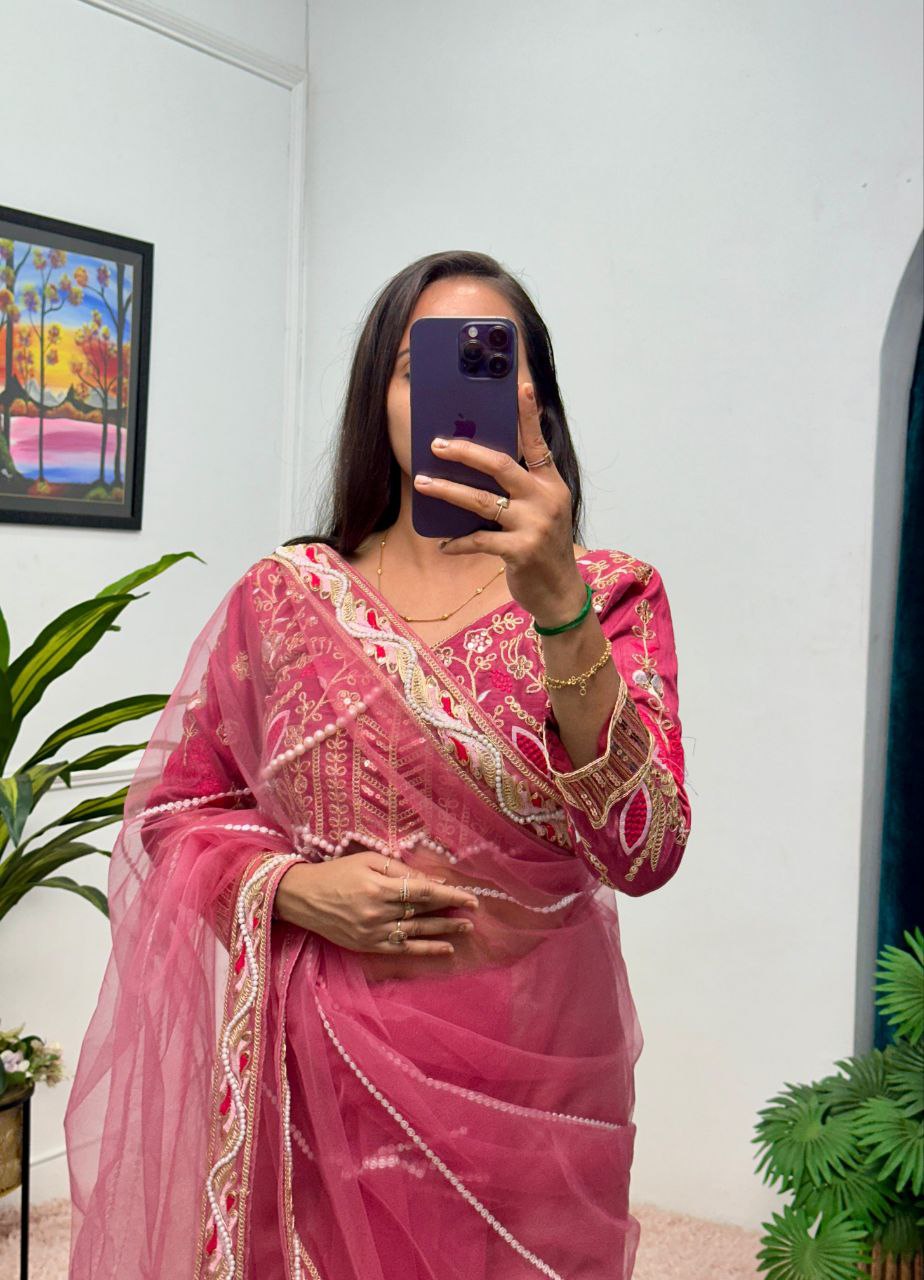 Solid Pink Party Wear Butterfly Net Saree