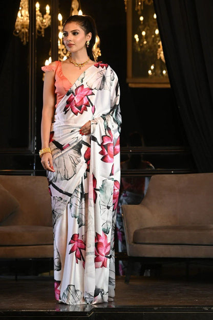 Stylish Floral Printed Satin Saree