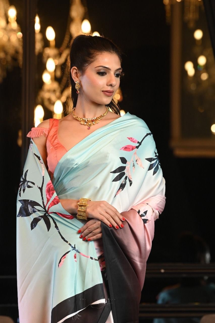 Stylish Floral Printed Satin Saree