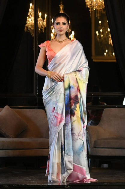 Stylish Floral Printed Satin Saree