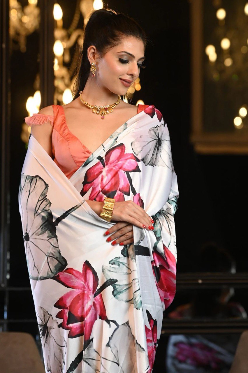 Stylish Floral Printed Satin Saree