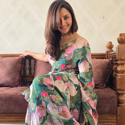 Stylish Floral Printed With Hand Worked Tabby Silk Saree