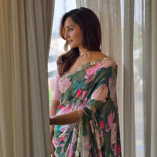 Stylish Floral Printed With Hand Worked Tabby Silk Saree