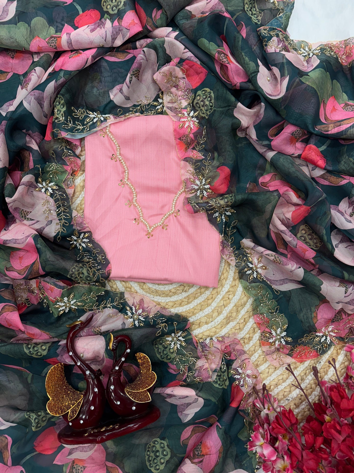 Stylish Floral Printed With Hand Worked Tabby Silk Saree