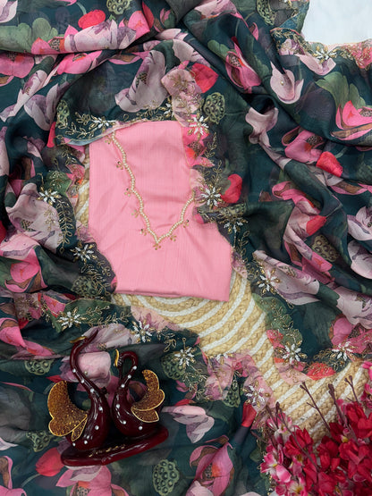 Stylish Floral Printed With Hand Worked Tabby Silk Saree