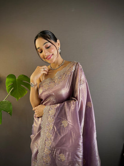 Dusty Lavender Stylish Party Wear Gold Crunchy Saree