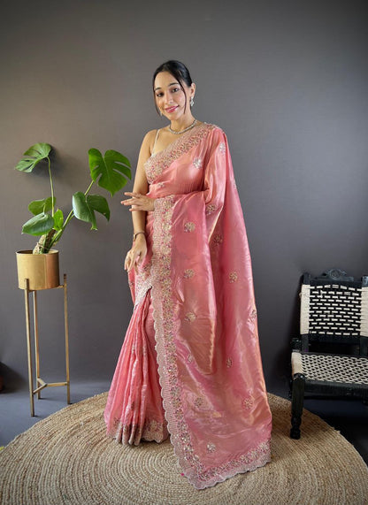 Peach Stylish Party Wear Gold Crunchy Saree