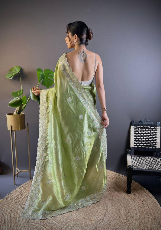 Parrot Green Stylish Party Wear Gold Crunchy Saree