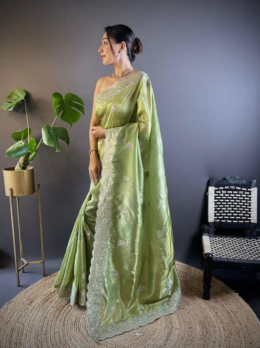 Parrot Green Stylish Party Wear Gold Crunchy Saree