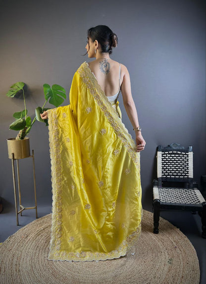 Yellow Stylish Party Wear Gold Crunchy Saree