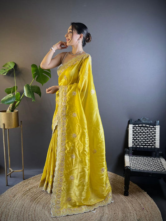 Yellow Stylish Party Wear Gold Crunchy Saree