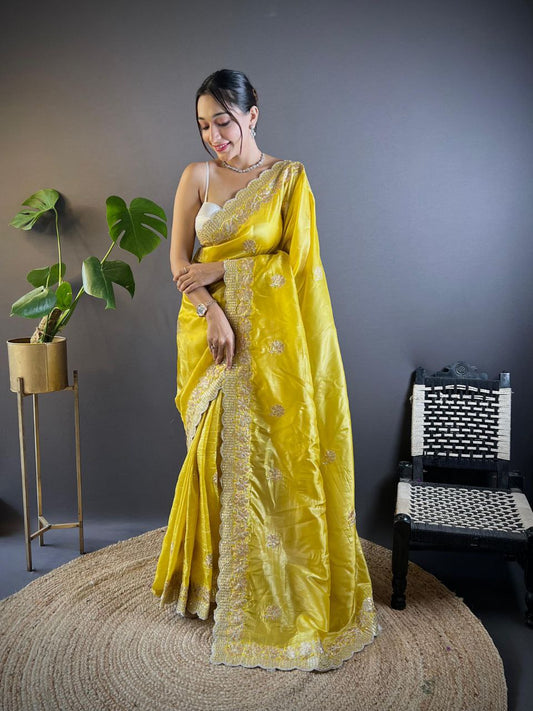 Yellow Stylish Party Wear Gold Crunchy Saree