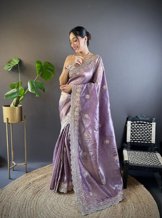 Dusty Lavender Stylish Party Wear Gold Crunchy Saree