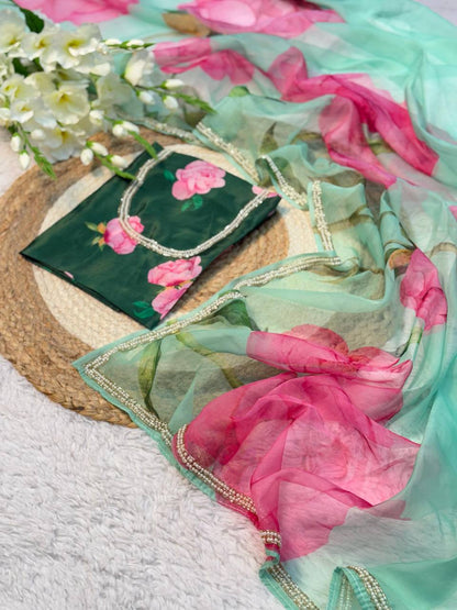 Summer Wear Flower Print Organza Saree