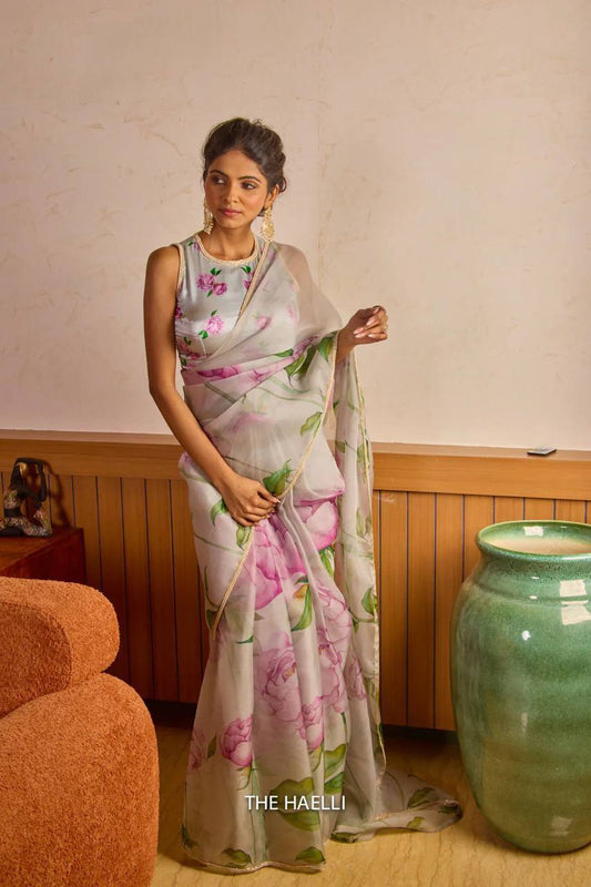 Gray Summer Wear Flower Print Organza Saree