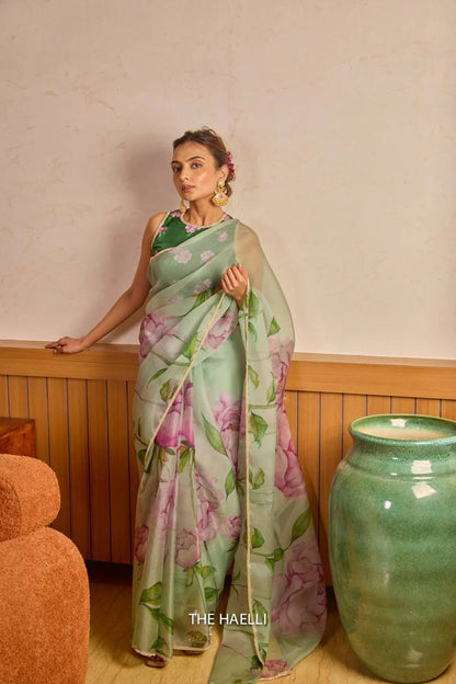 Summer Wear Flower Print Organza Saree