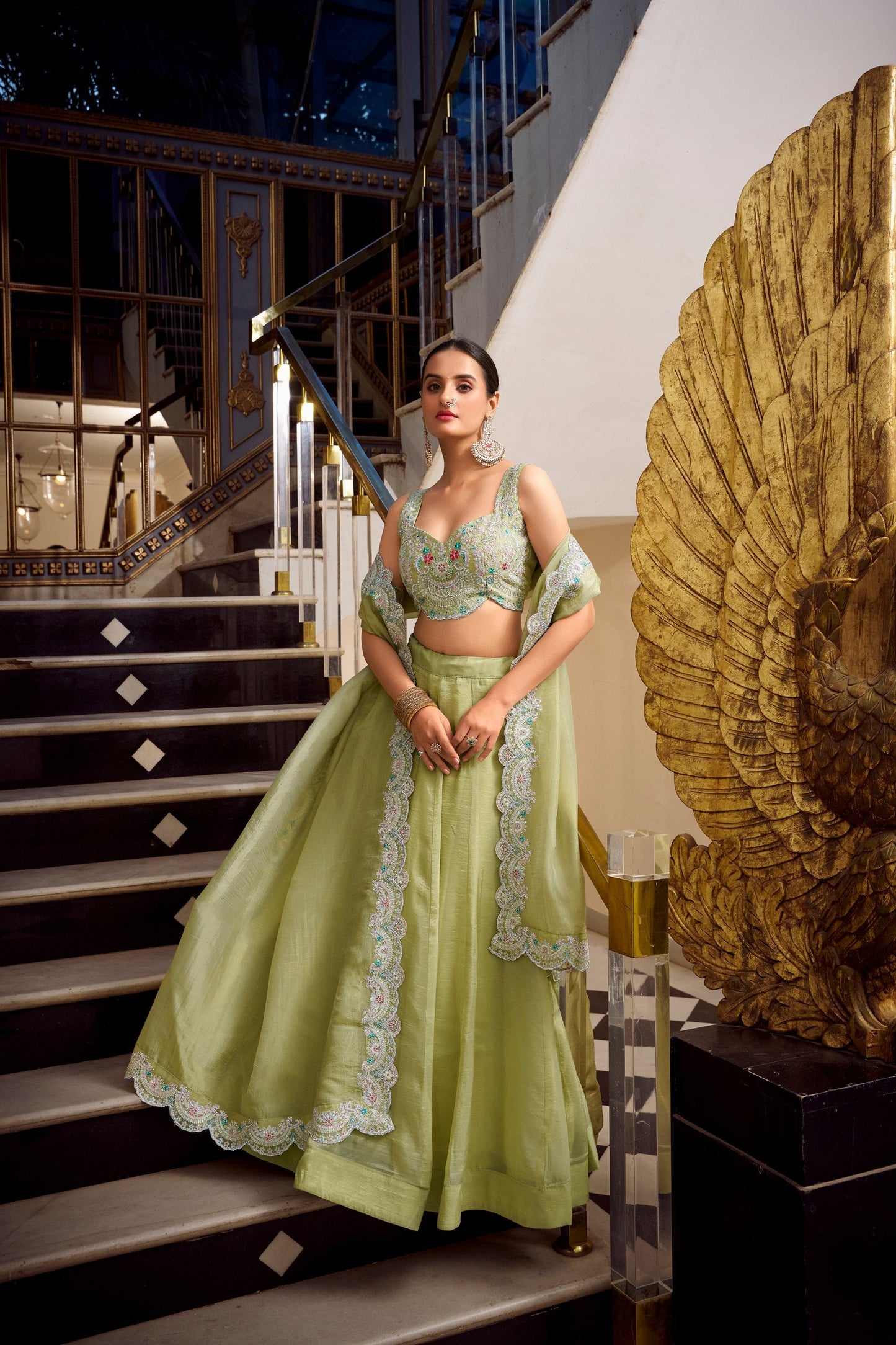 Tea Green Wedding Wear Gold Crush Lehenga