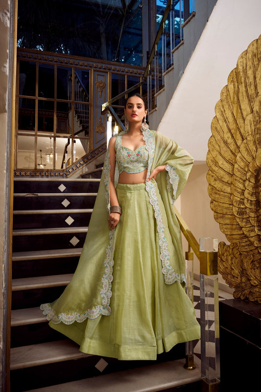 Tea Green Wedding Wear Gold Crush Lehenga