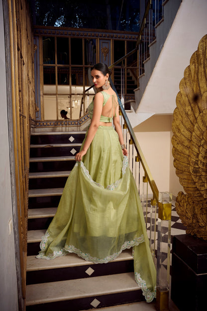Tea Green Wedding Wear Gold Crush Lehenga