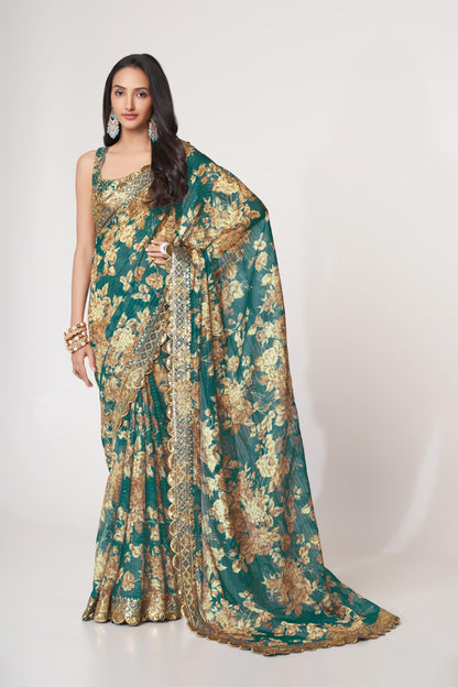 Teal Floral Printed Organza Saree With Blouse | 100% Original Saree