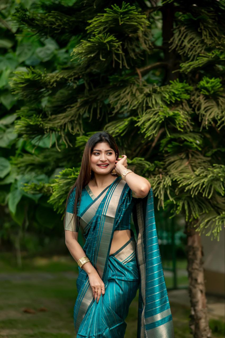 Teal Blue Banarasi Raw Silk Saree